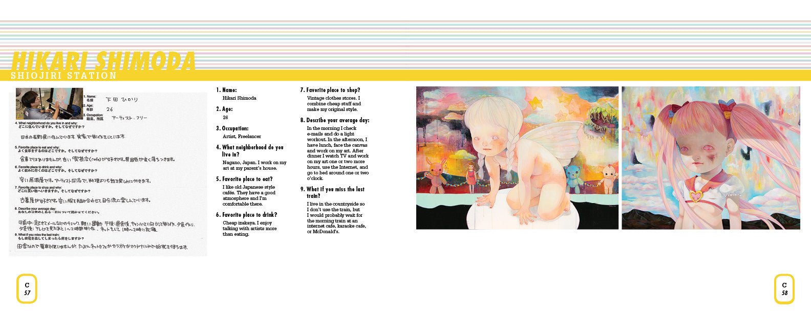Hikari Shimoda's art and her handwritten questionnaire featured in The Tall Trees of Tokyo by Matt Wagner
