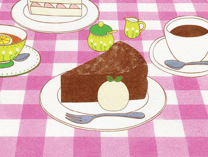 Ice Cream Work picture book internal page Monday with chocolate cake, ice cream, and coffee