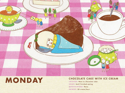 Ice Cream Work picture book by Naoshi. Ice Cream Man lays next to a piece of chocolate cake.
